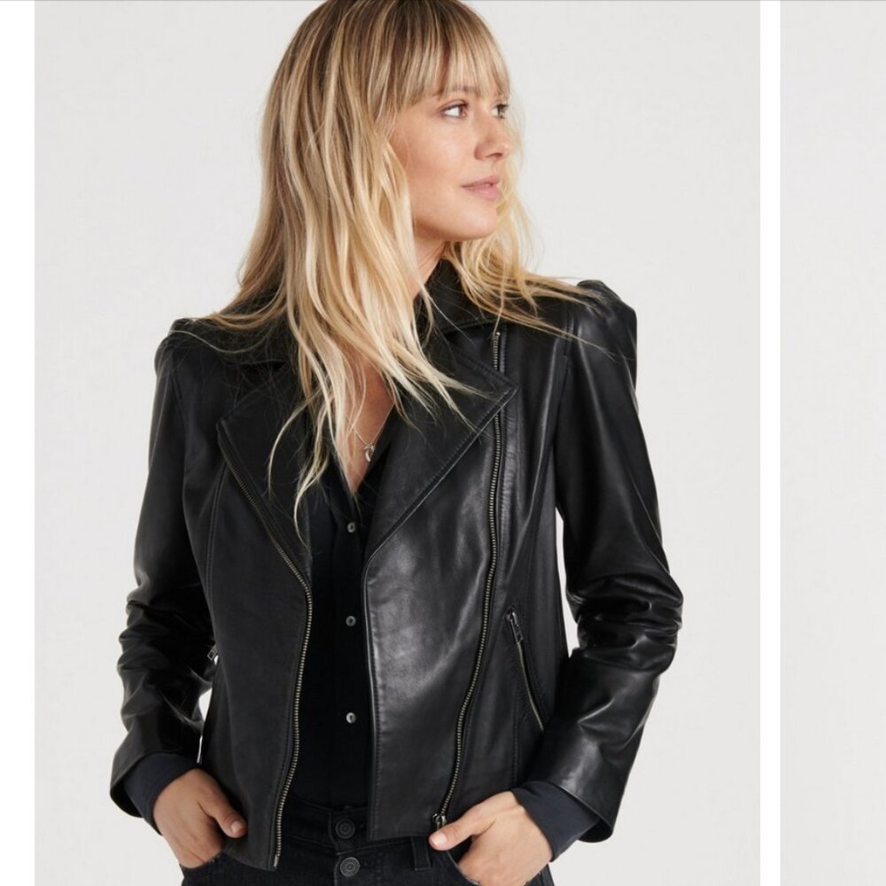 Lucky Brand Puff Sleeve Genuine Lambskin Lamb Leather Moto Jacket